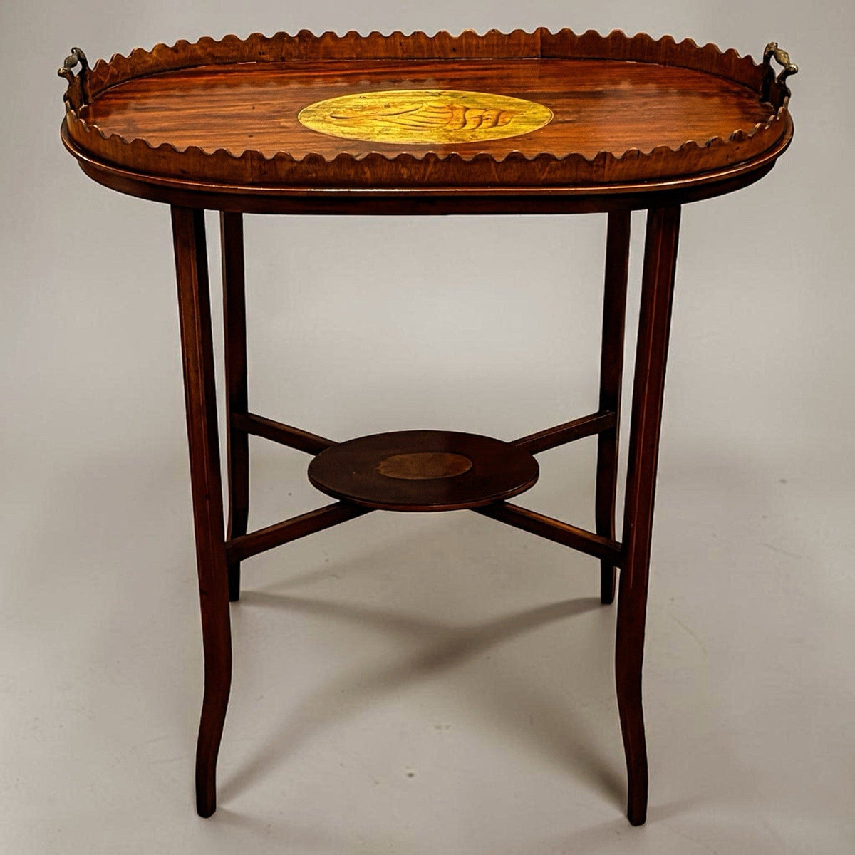 Antique English Wood Tray Top Serving Table with Inlaid Conch Design