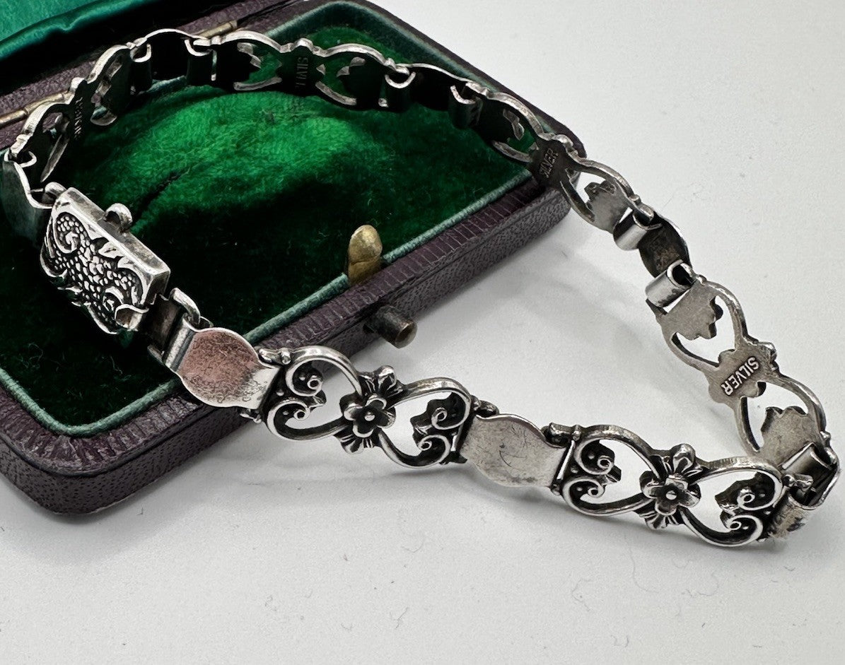 Antique Sterling Silver Fancy Link Flowers Bracelet