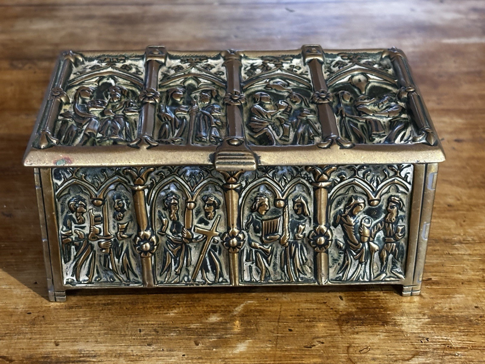 Antique Gothic Revival Gilt Brass Jewellery / Trinket Box With Religious Scenes.