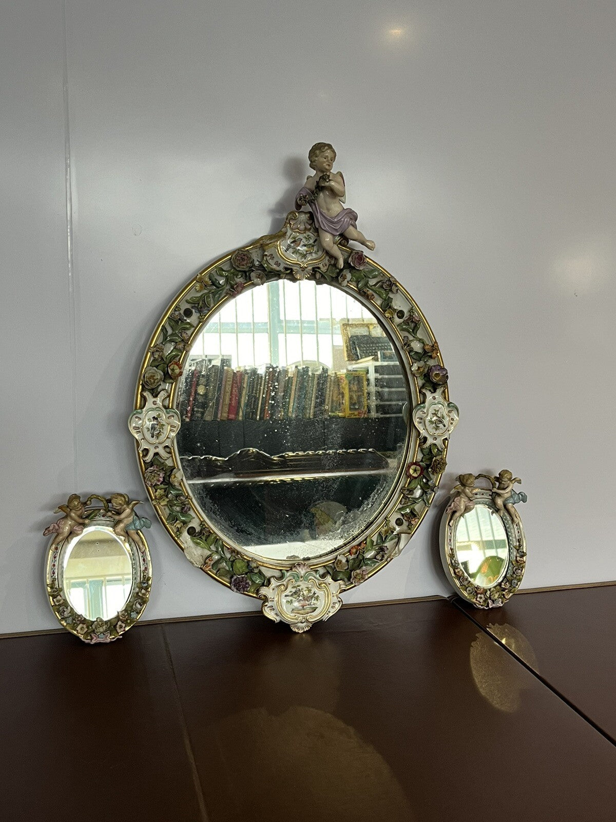 Antique Meissen German Porcelain Wall Mirror Set. Decorated With Cherubs & Birds