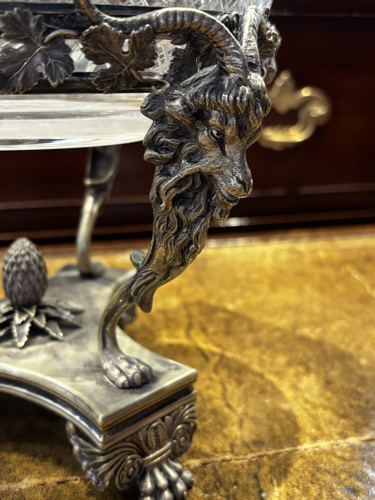 Antique Centrepiece Decorated With Ram Mask Mounts, & Foliage On Claw Feet.