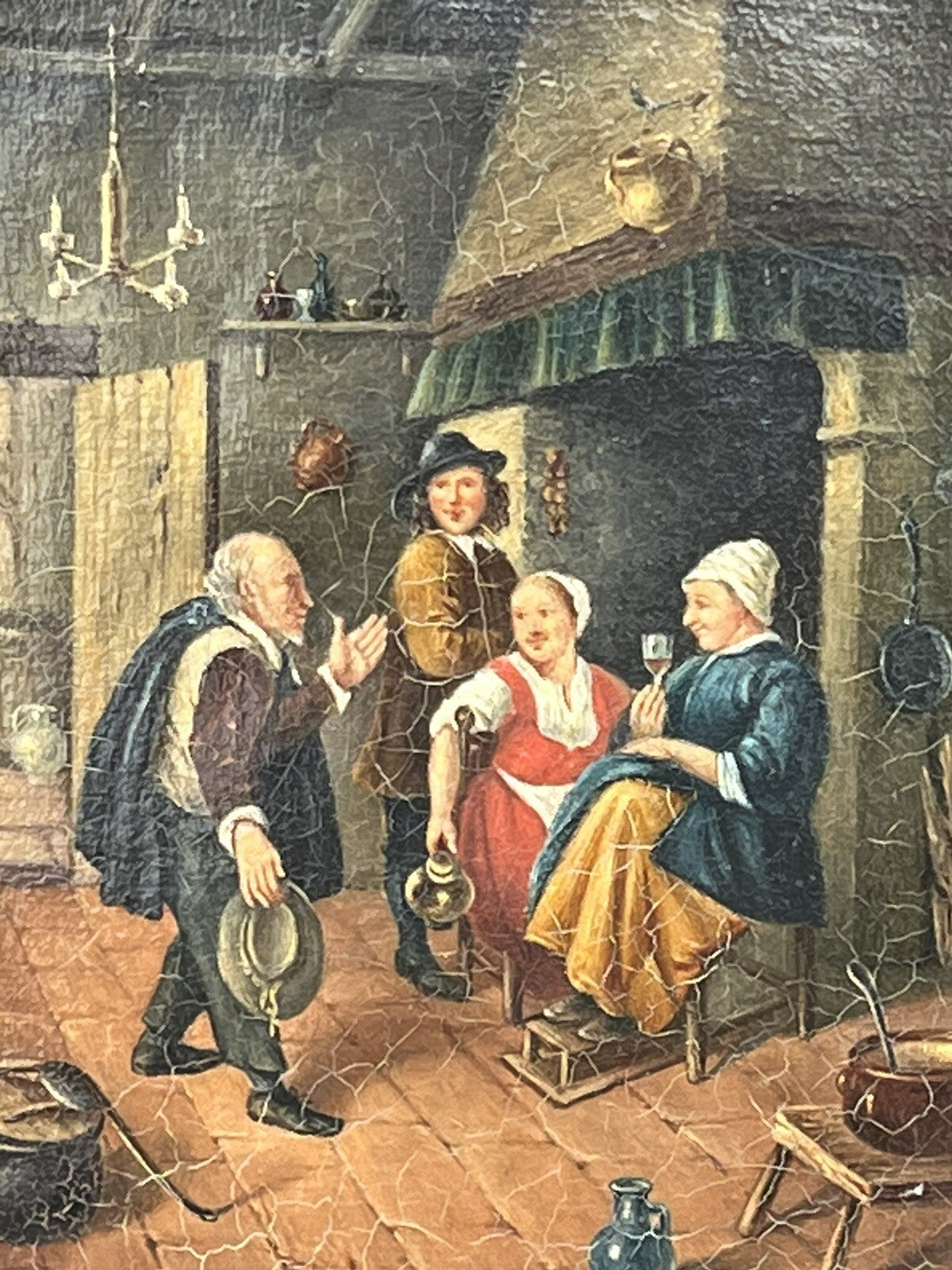 19th Century English Tavern Or Inn Scene. Oil On Canvas In Gold Gilt Frame.