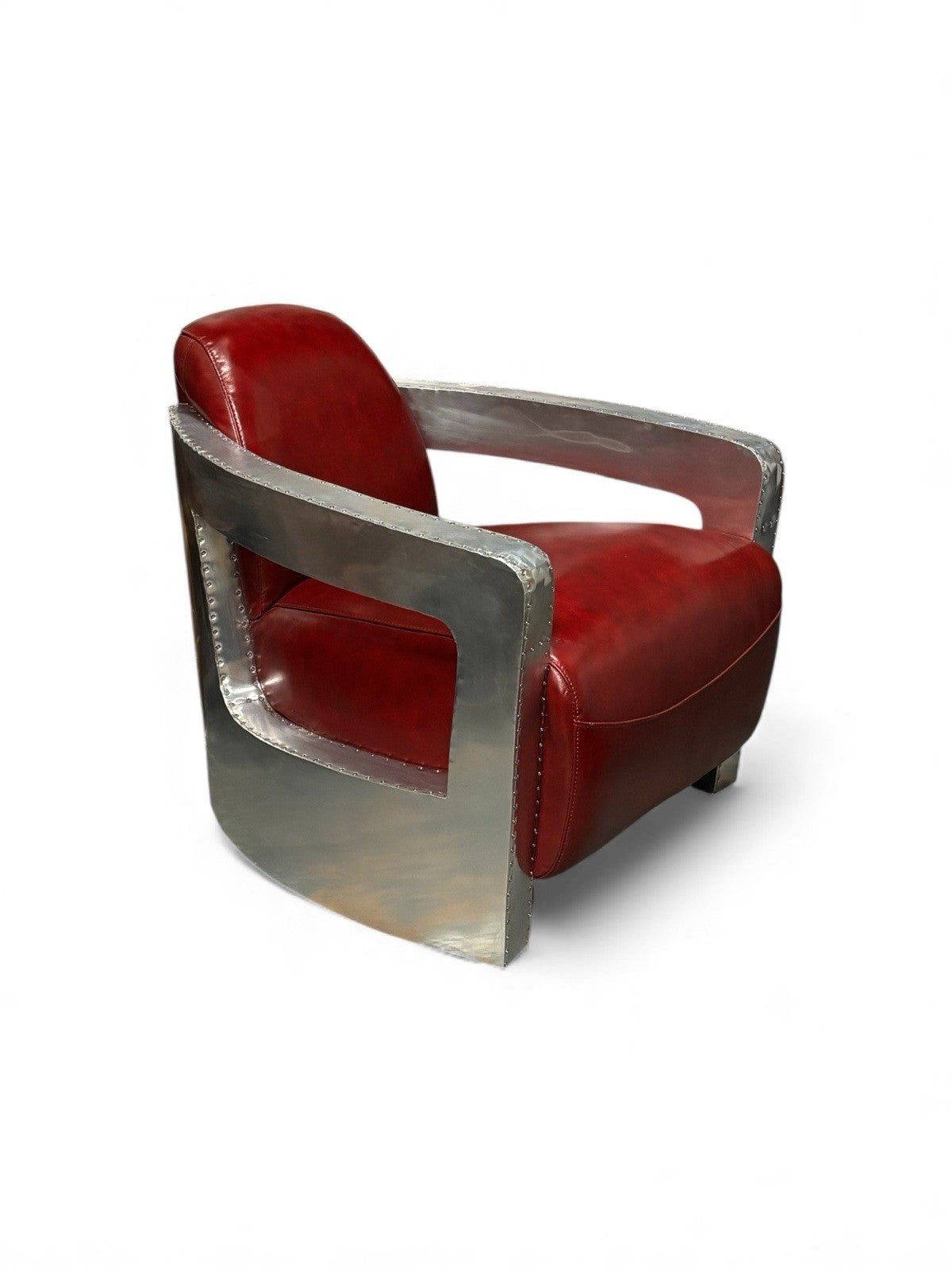 Aviators Polished Metal  Armchair, With Red Leather Upholstery.