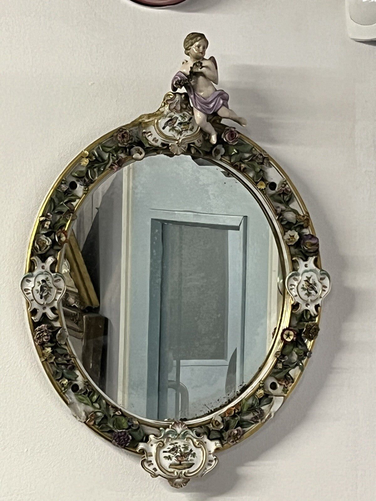 Antique Meissen German Porcelain Wall Mirror Set. Decorated With Cherubs & Birds