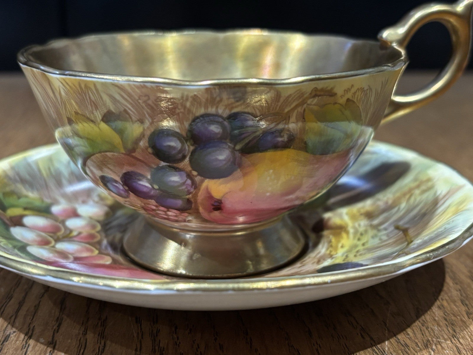 Aynsley Gold Orchard Fruit Cup & Saucer Signed D Jones Bone China