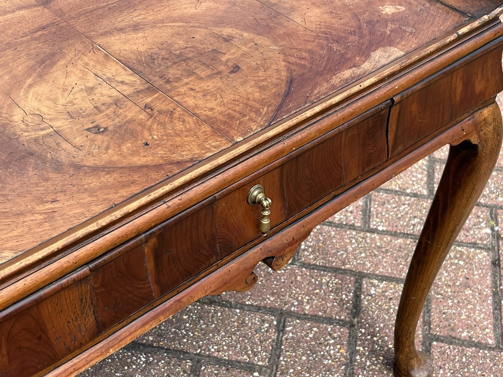 Antique Walnut Tray Top Side Table With Drawer. Pad Feet, Brass Handle.