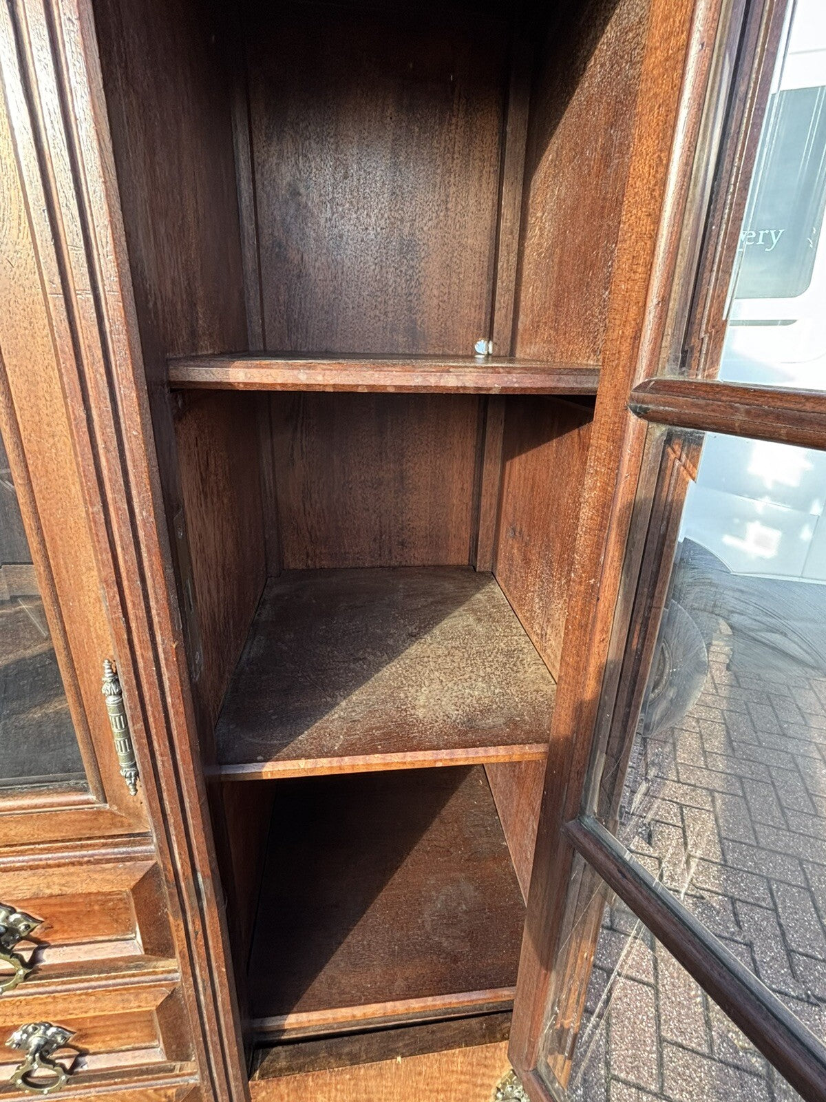 Arts & Crafts French Walnut Bookcase / Cupboard With Fitted Shelves & Drawers