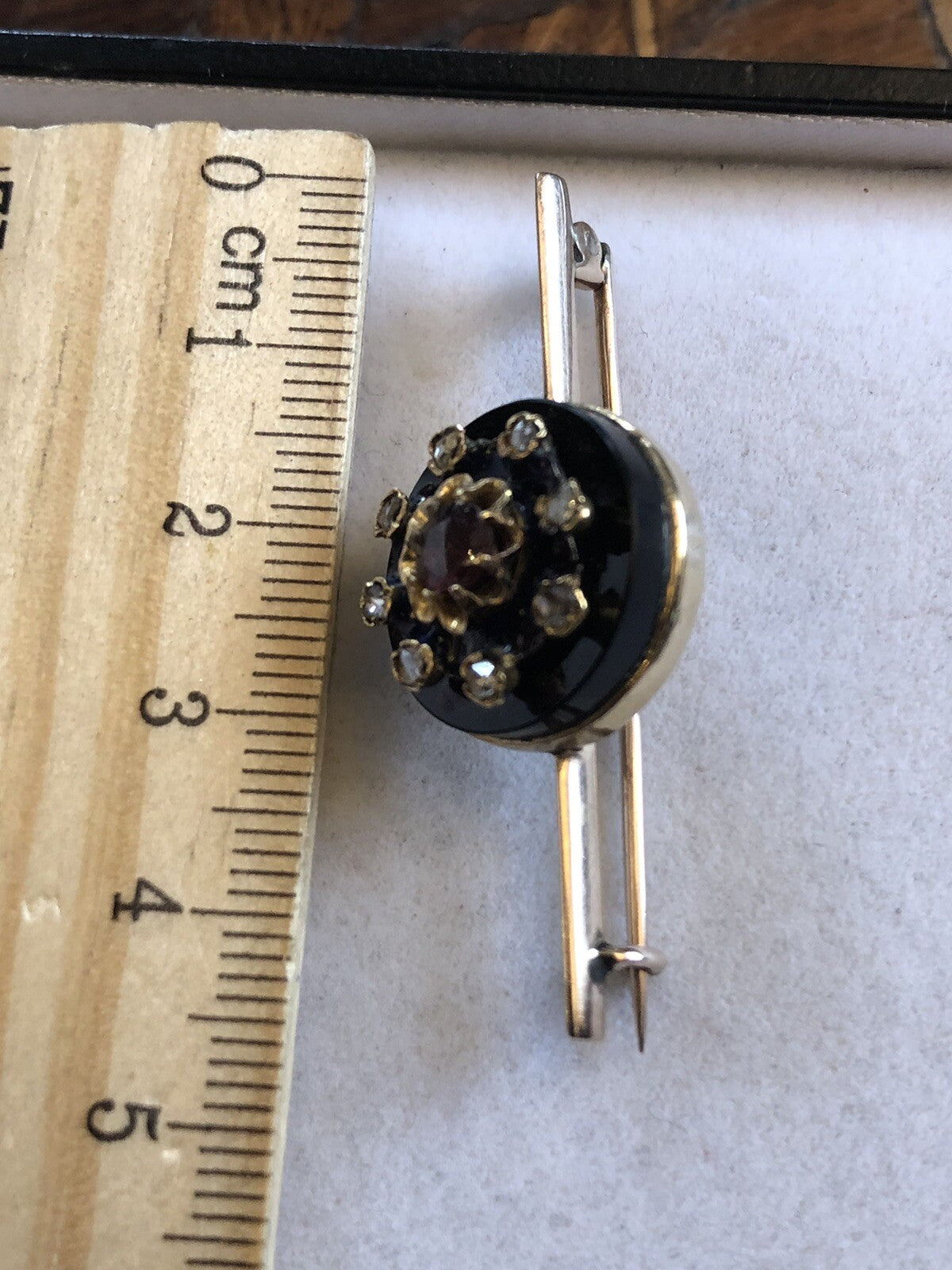 Antique Victorian 14ct Gold Onyx Old Cut Diamond Garnet Enamel Brooch