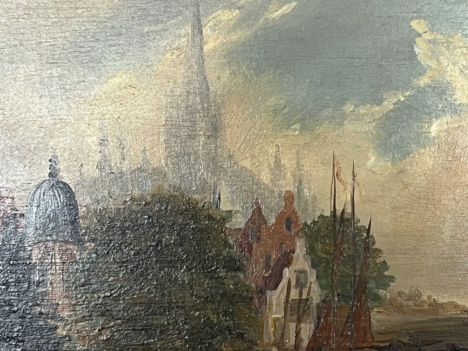 Antique Dutch Canal Scene Oil Painting, Signed F Knot In Frame