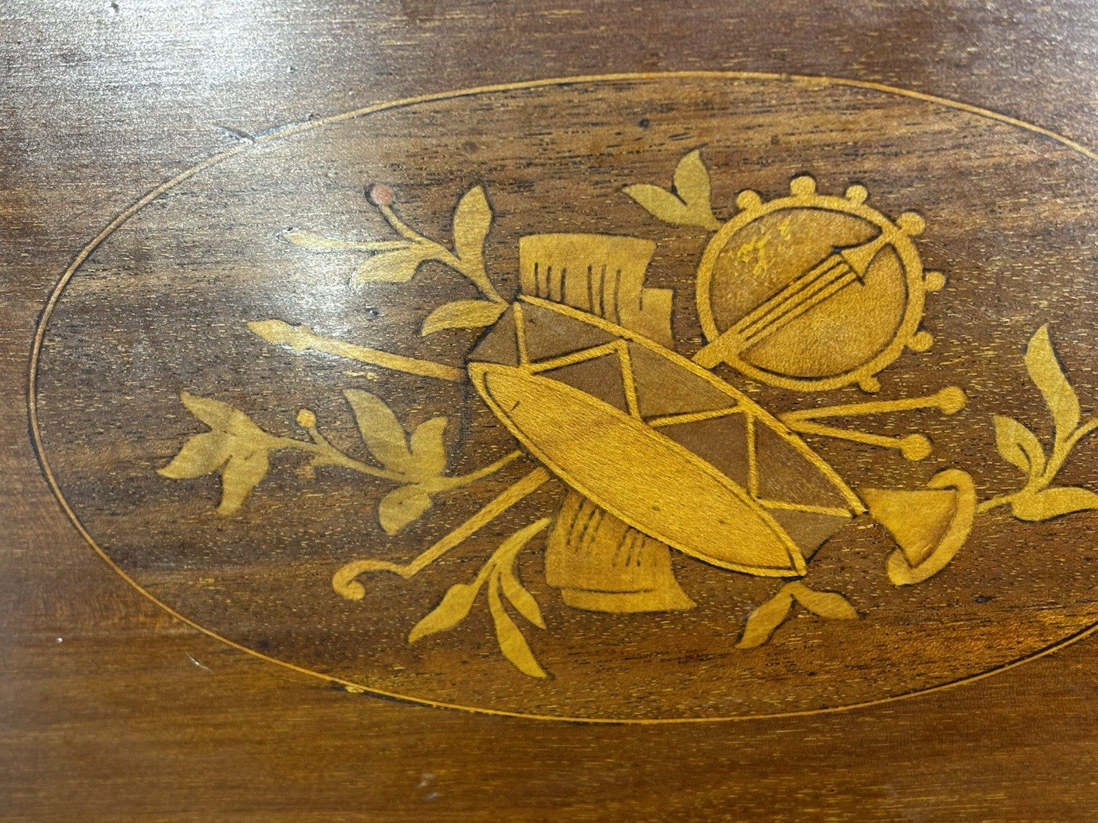 Antique Mahogany Drinks Tray With A Musical Scene Marquetry Inlaid To Centre.