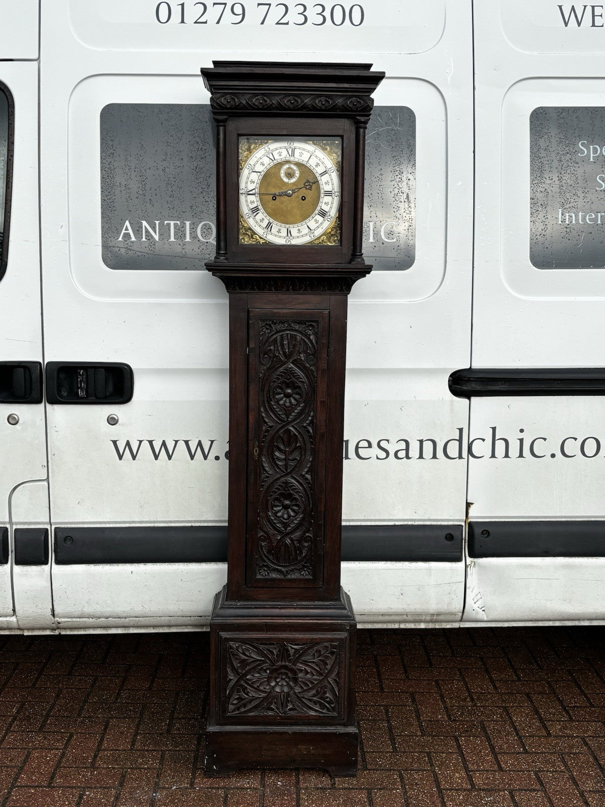 8 Day Longcase Clock, Carved Oak Case.