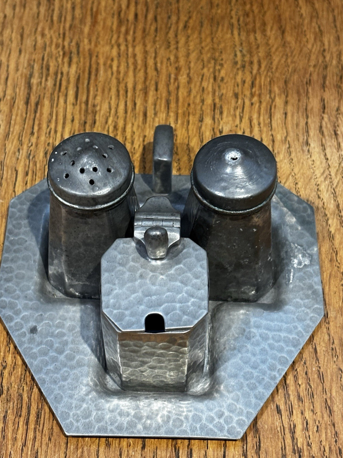 Arts & Crafts Hand Hammered Pewter Cruet Set,
