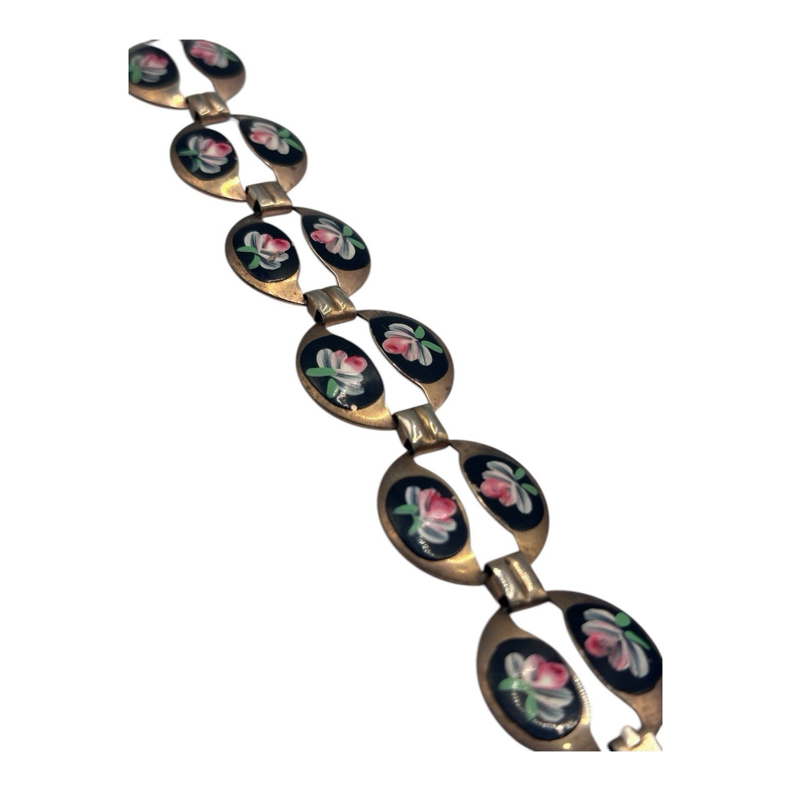 Beautiful Vintage Enamelled Hand Painted Pink Flowers Metal Bracelet