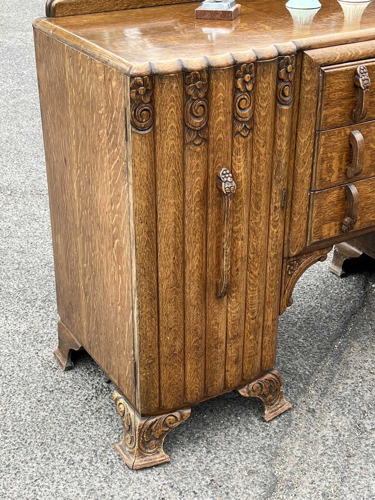 Art Deco Oak Sideboard. Circa 1930's. Carved With Flowers . Lots Of Storage.