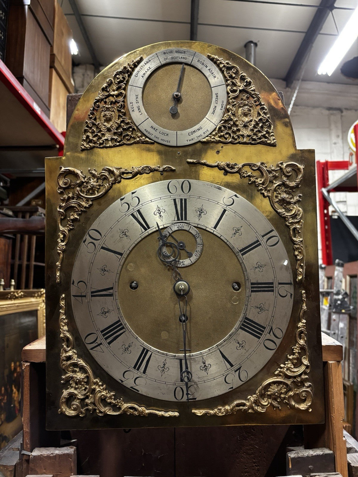Antique Marquetry Inlaid 3 Weight Musical Longcase Clock, Brass Dial, Superb.