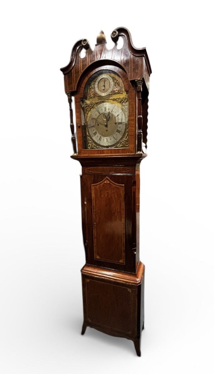 Antique Marquetry Inlaid 3 Weight Musical Longcase Clock, Brass Dial, Superb.