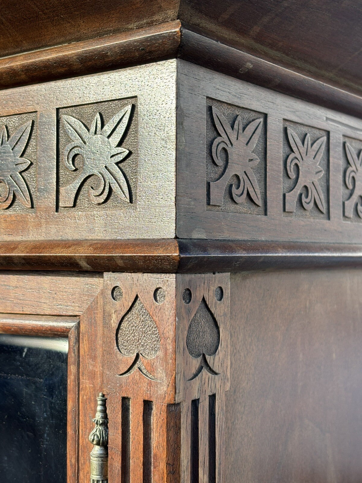 Arts & Crafts French Walnut Bookcase / Cupboard With Fitted Shelves & Drawers