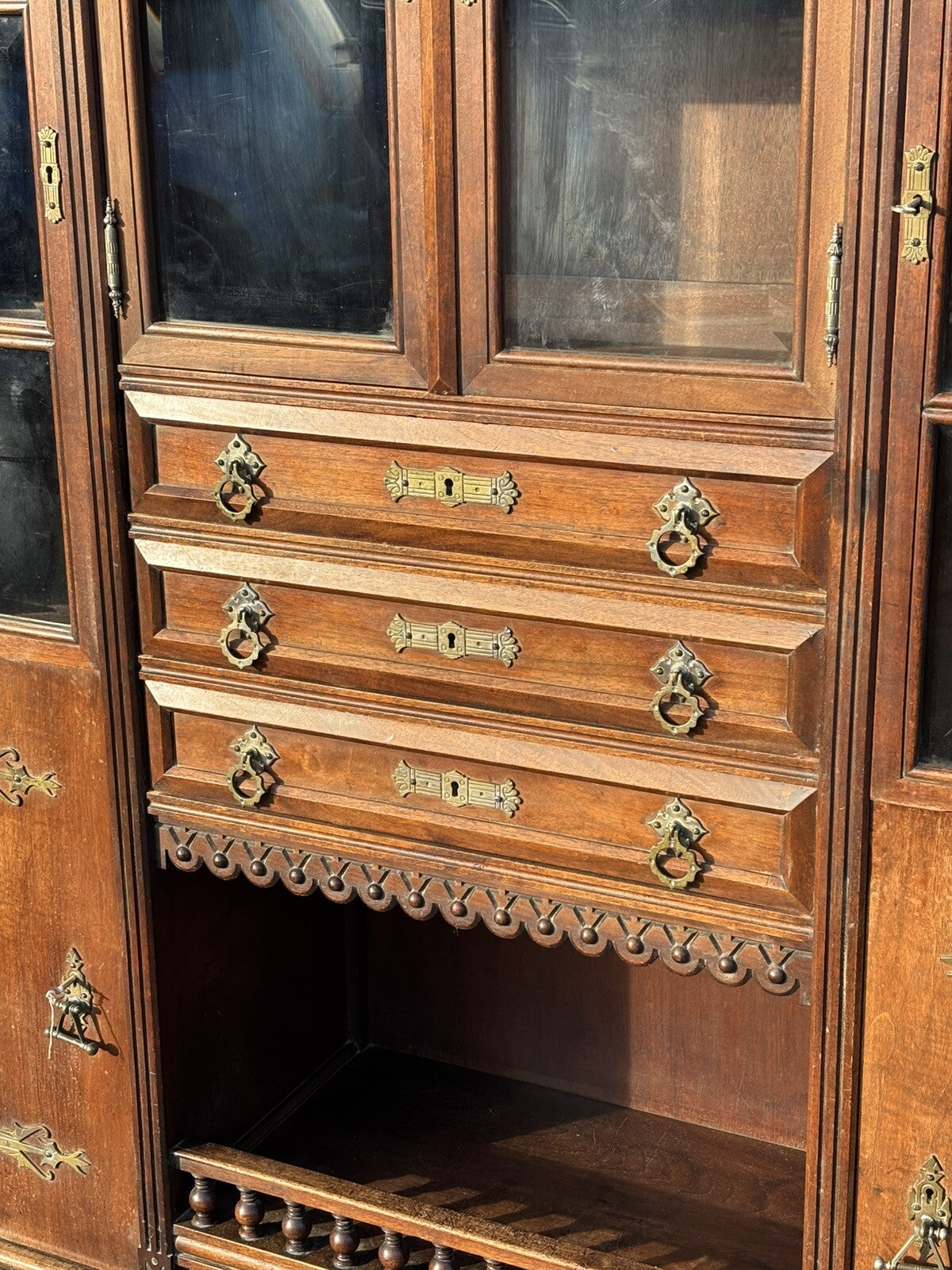Arts & Crafts French Walnut Bookcase / Cupboard With Fitted Shelves & Drawers