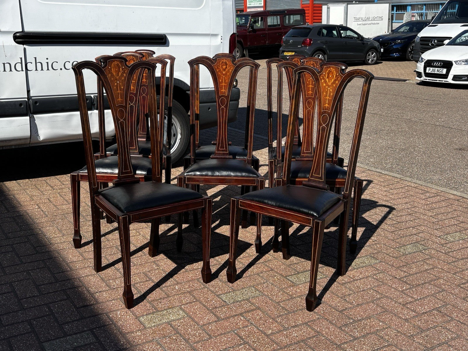 8 Art Noveau Marquetry Inlaid Mahogany Dining Chairs, New Upholstery.