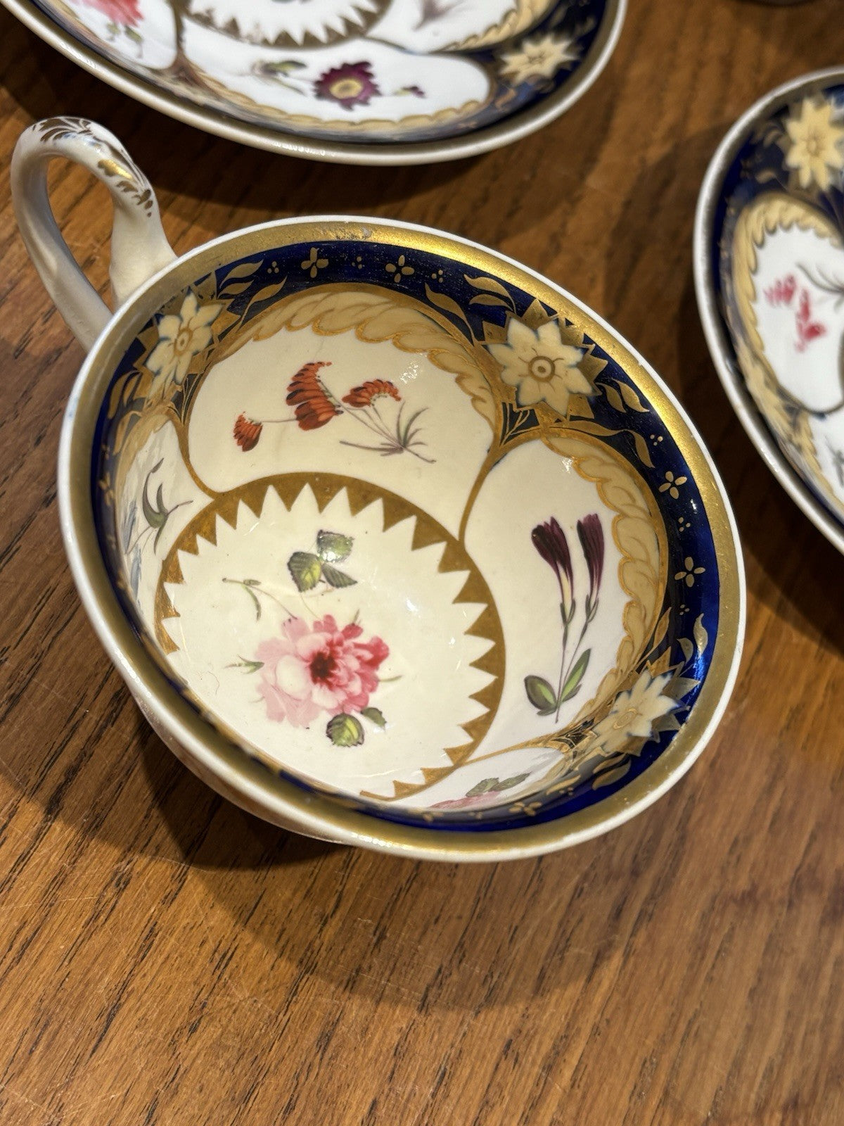 4 Antique Rare Machin  Highly Decorated Gilt Painted Cup & Saucers