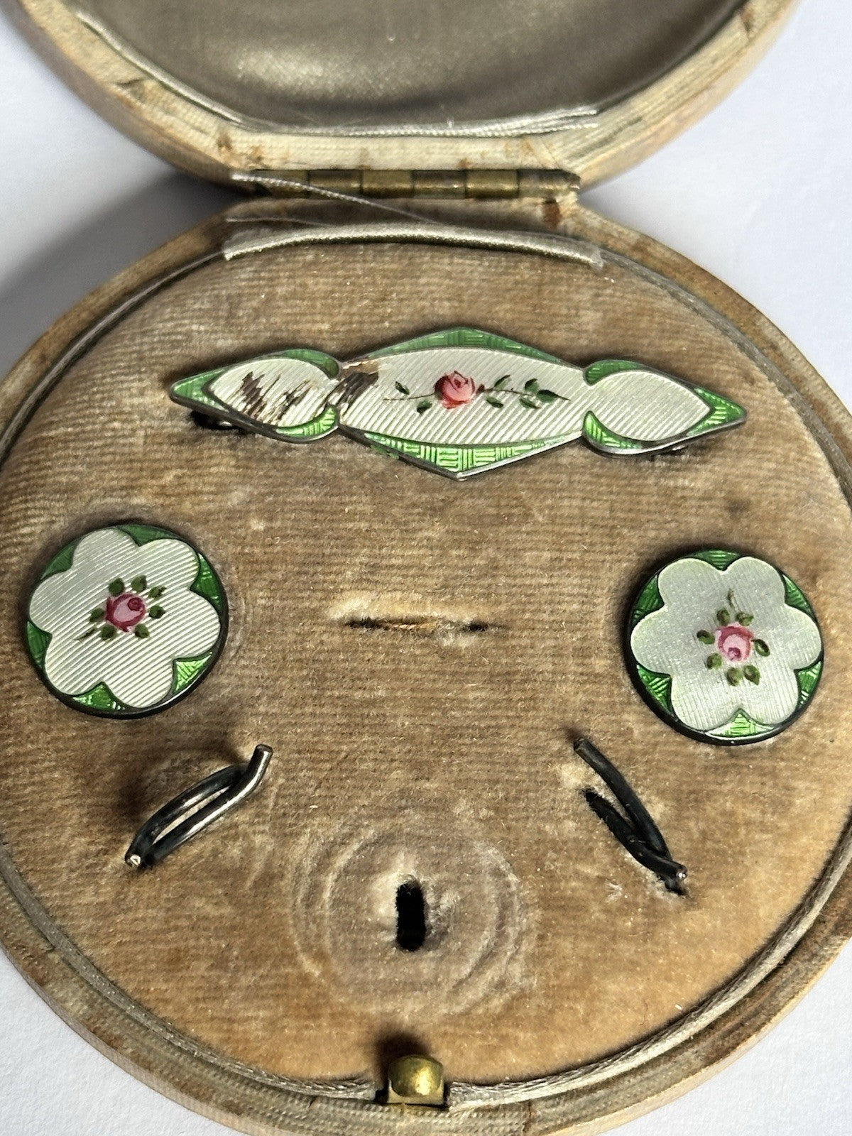 Antique Guilloche Enamel Shirt Studs And Brooch In Original Box A/F