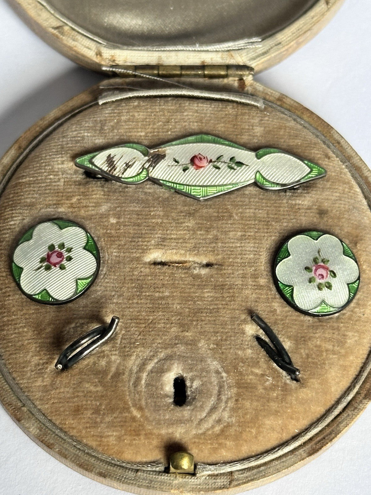 Antique Guilloche Enamel Shirt Studs And Brooch In Original Box A/F