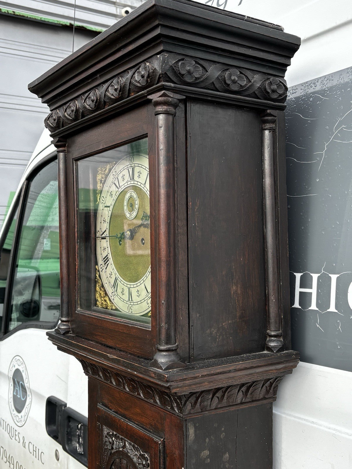 8 Day Longcase Clock, Carved Oak Case.