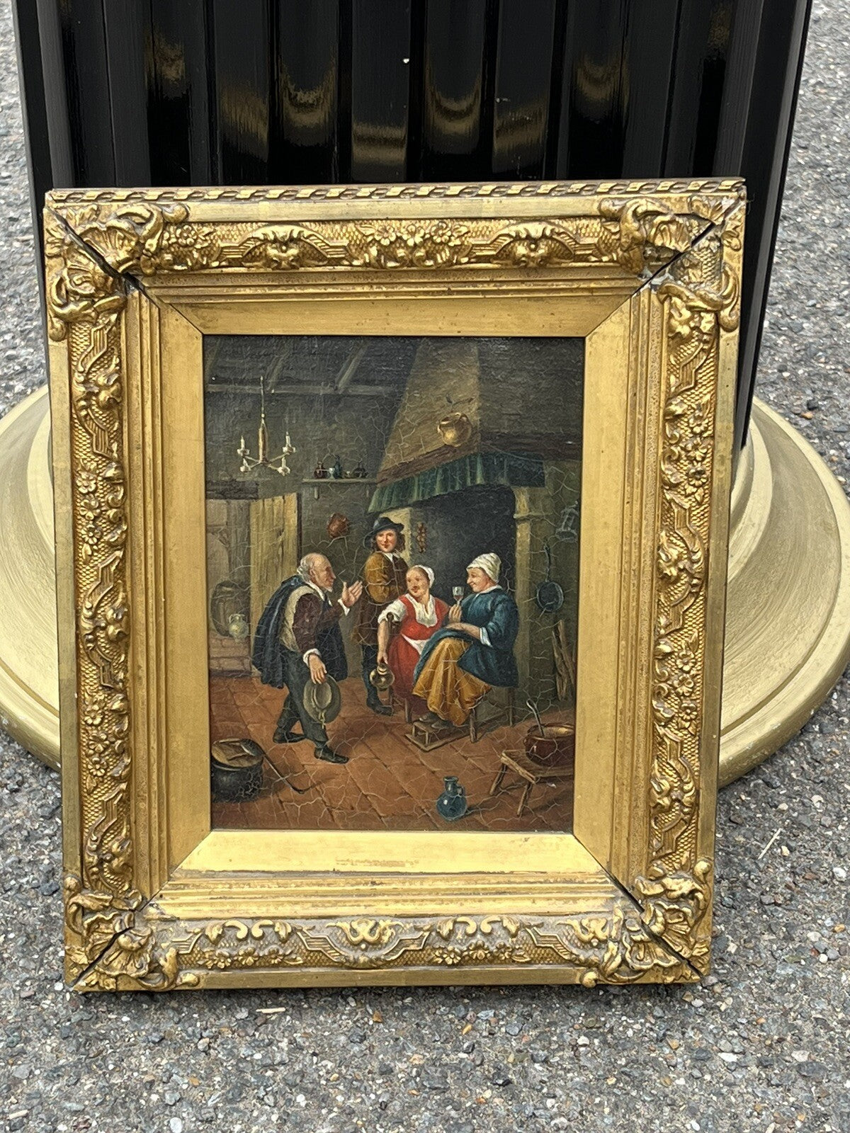 19th Century English Tavern Or Inn Scene. Oil On Canvas In Gold Gilt Frame.