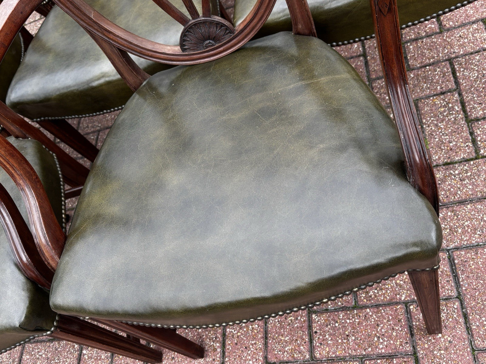 8 Hepplewhite Dining Chairs. Green Leather Upholstery. Prince Of Wales Feathers