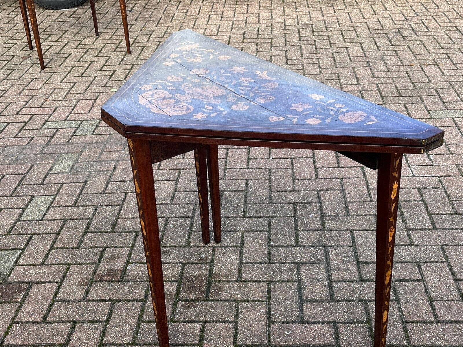 18thC Dutch Marquetry Games Table With Fold Over Lid & Baized Playing Area