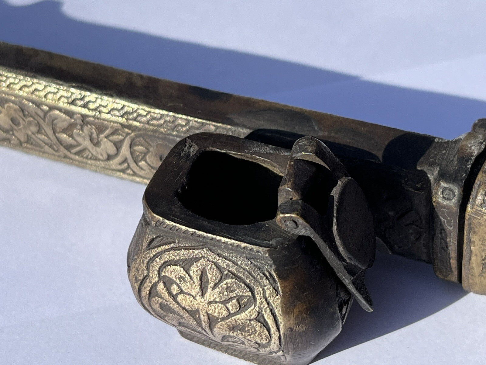 Antique Decorated Brass Inkwell Scribe Holder