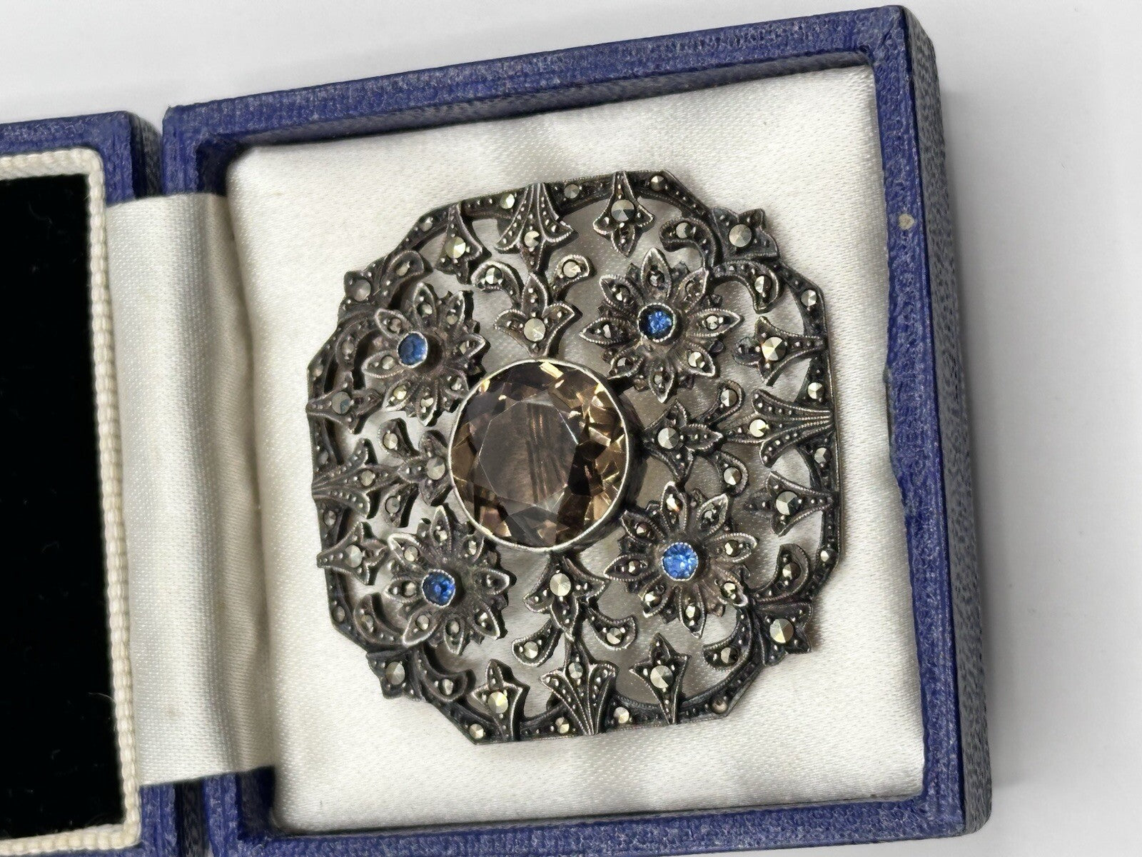 Antique Edwardian  Silver 925 Marcasite Glass Stone Brooch