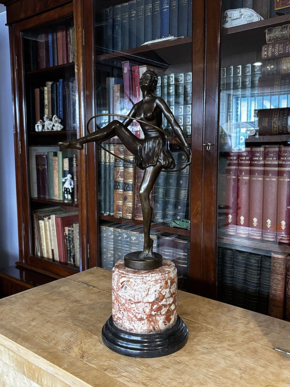 Art Deco Style Bronze & Marble Hula Hoop Figure, Impressive. 49 Cms Tall.