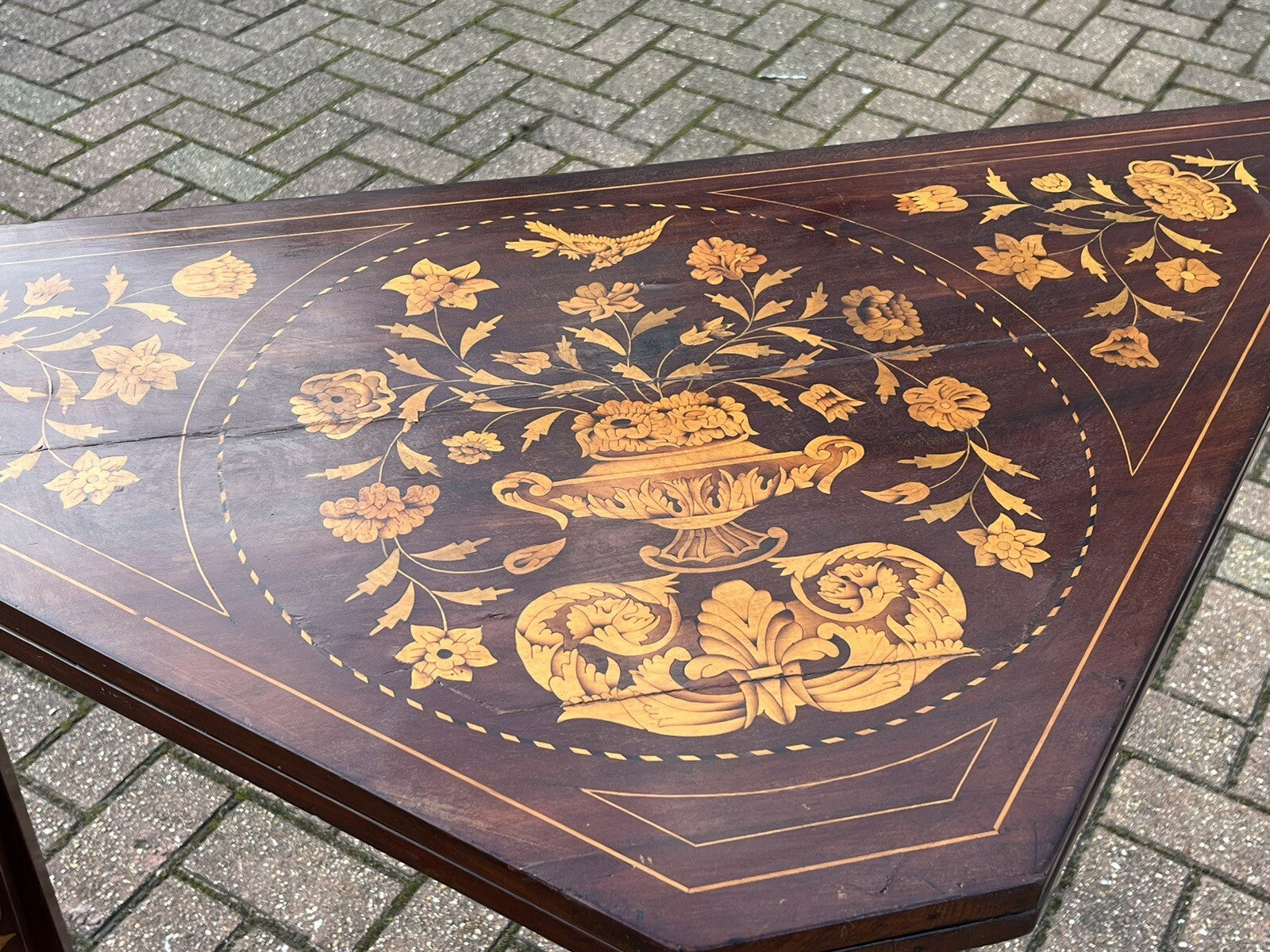 18thC Dutch Marquetry Games Table With Fold Over Lid & Baized Playing Area