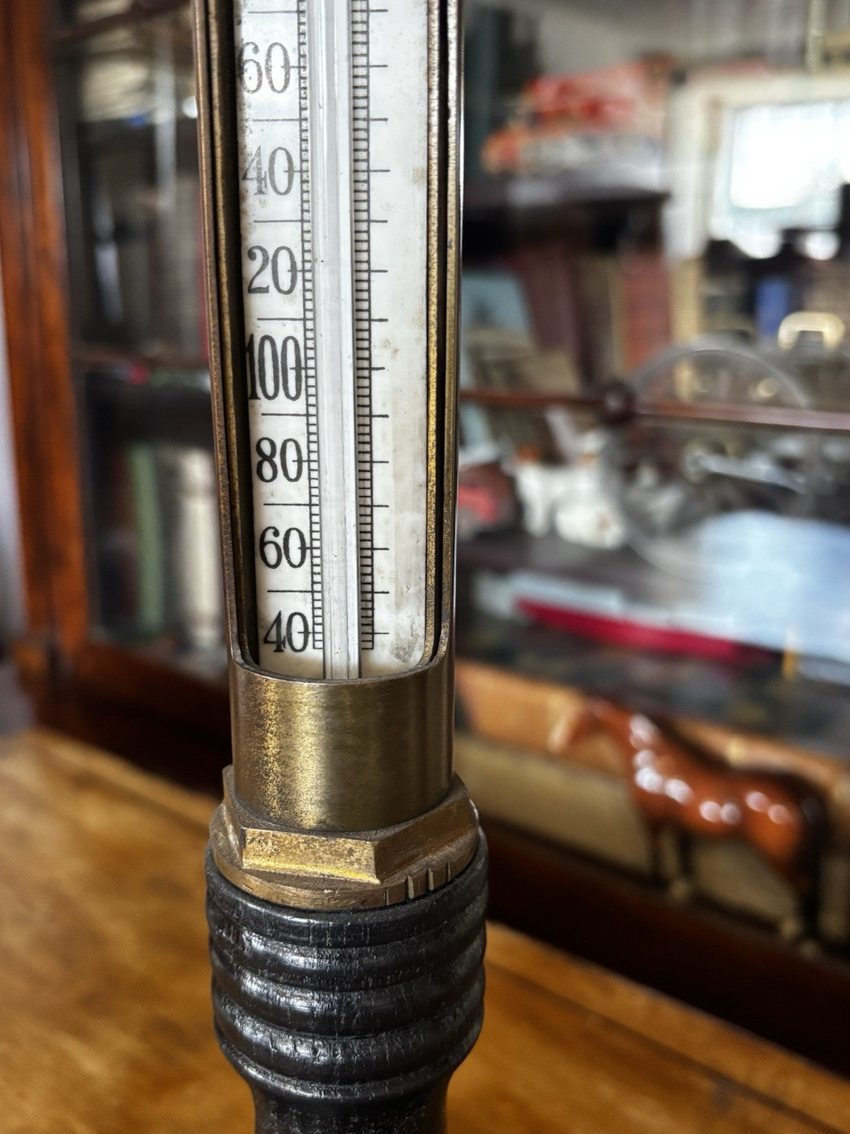 Antique Industrial Brass Boiler Thermometer With Sliding Window On Stand