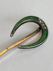 Antique Gold Tone Metal Green Enamel Seed Pearl Lucky Horseshoe Stick Pin