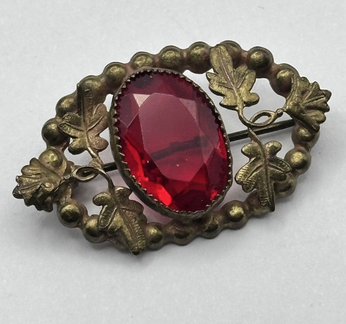 Antique Victorian Metal Red Glass Brooch