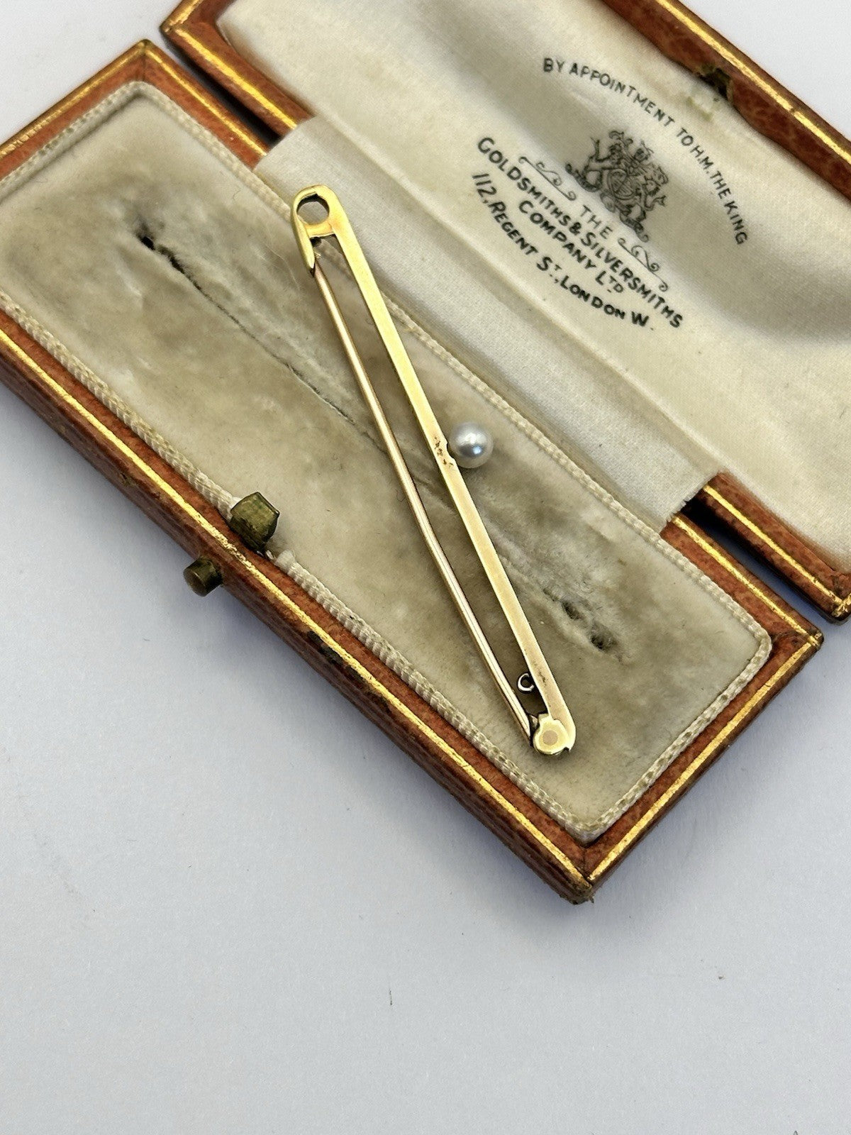 Antique Victorian Edwardian 18ct Gold Platinum Pearl Bar Brooch Original Box
