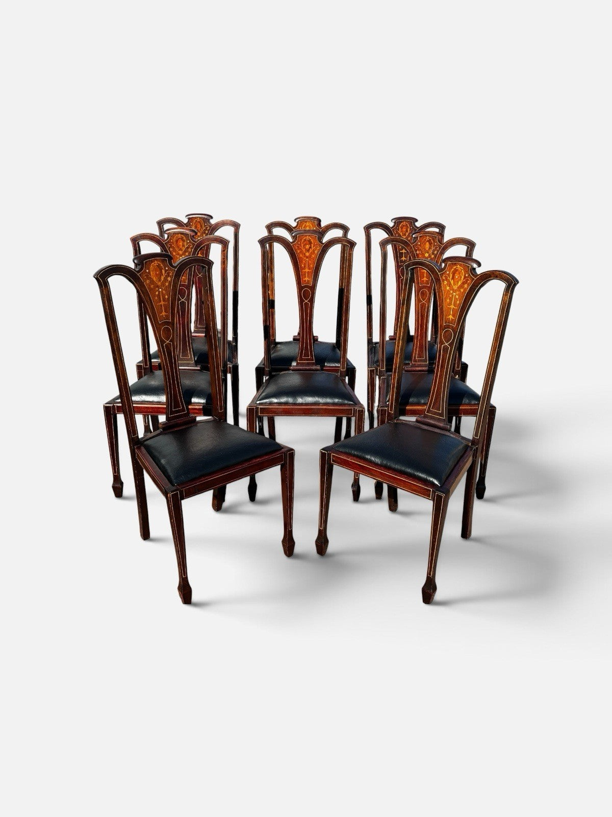 8 Art Noveau Marquetry Inlaid Mahogany Dining Chairs, New Upholstery.
