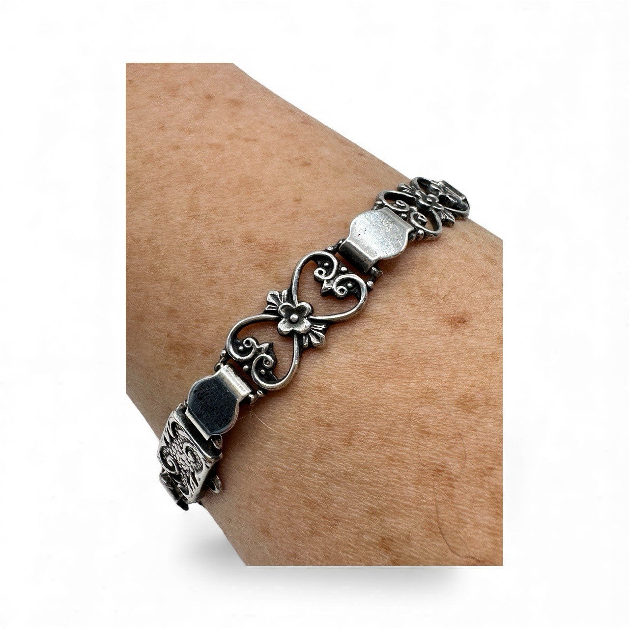 Antique Sterling Silver Fancy Link Flowers Bracelet