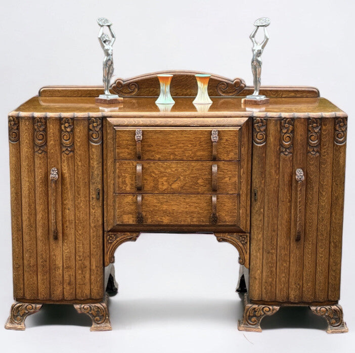 Art Deco Oak Sideboard. Circa 1930's. Carved With Flowers . Lots Of Storage.