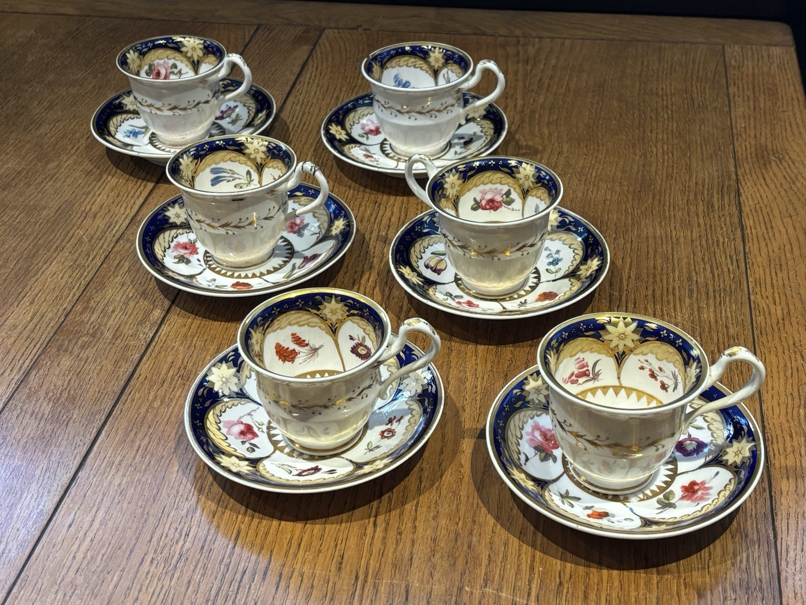 6 Antique Rare Machin  Highly Decorated Gilt Painted Cup & Saucers