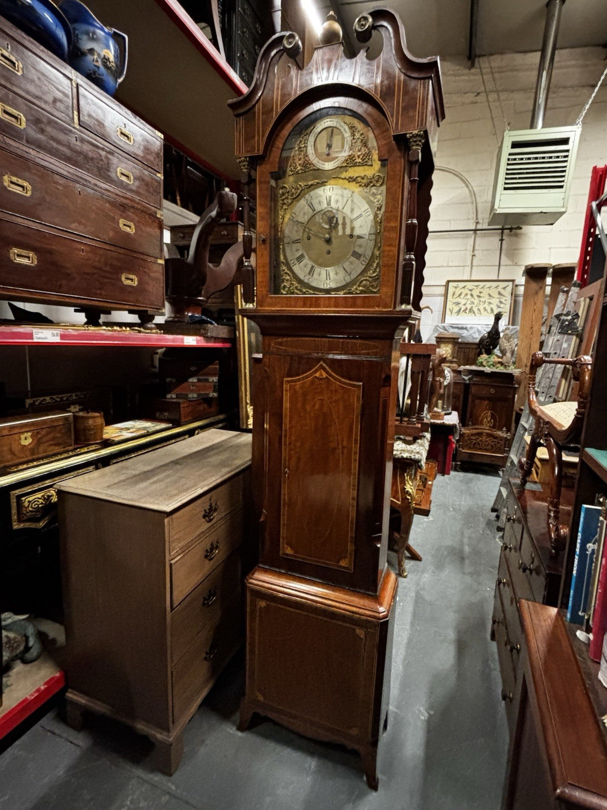 Antique Marquetry Inlaid 3 Weight Musical Longcase Clock, Brass Dial, Superb.