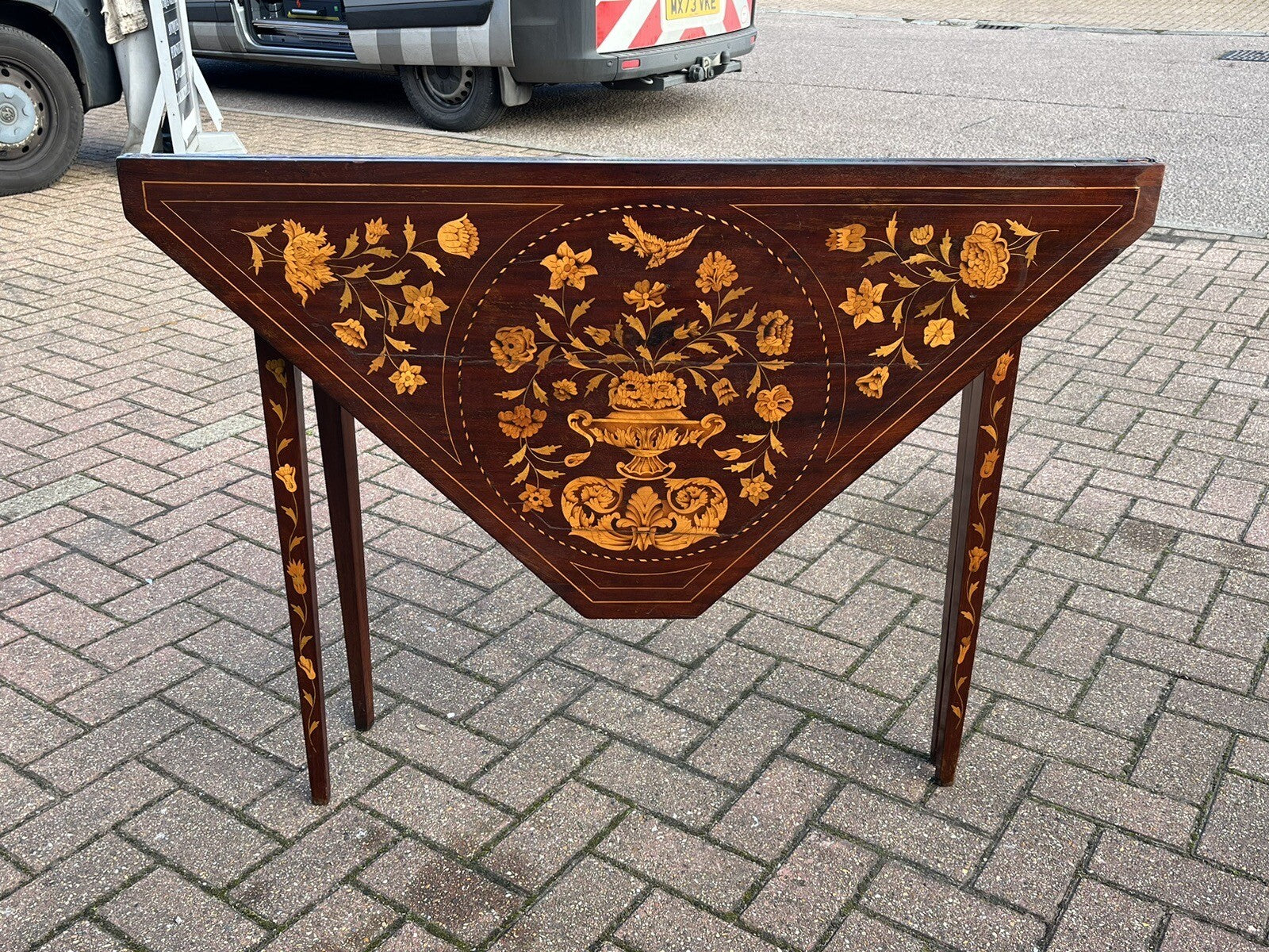 18thC Dutch Marquetry Games Table With Fold Over Lid & Baized Playing Area