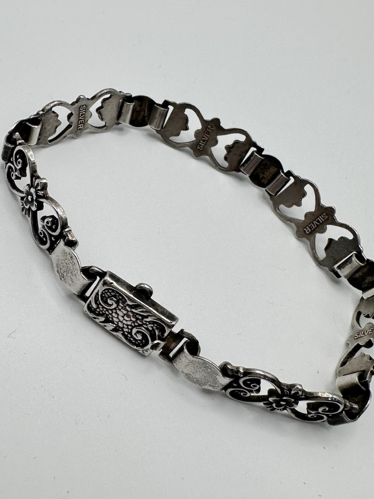Antique Sterling Silver Fancy Link Flowers Bracelet