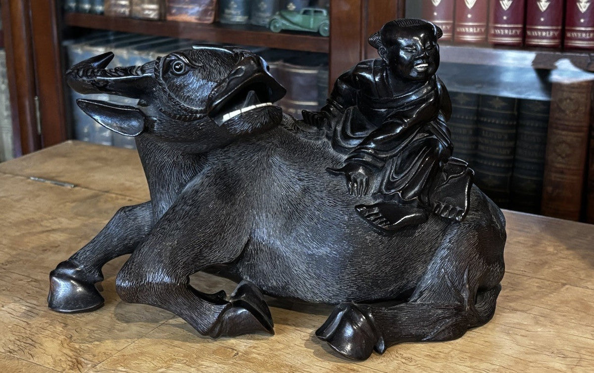 Antique Wooden Carved Figure Sitting On A Water Buffalo, Super Quality