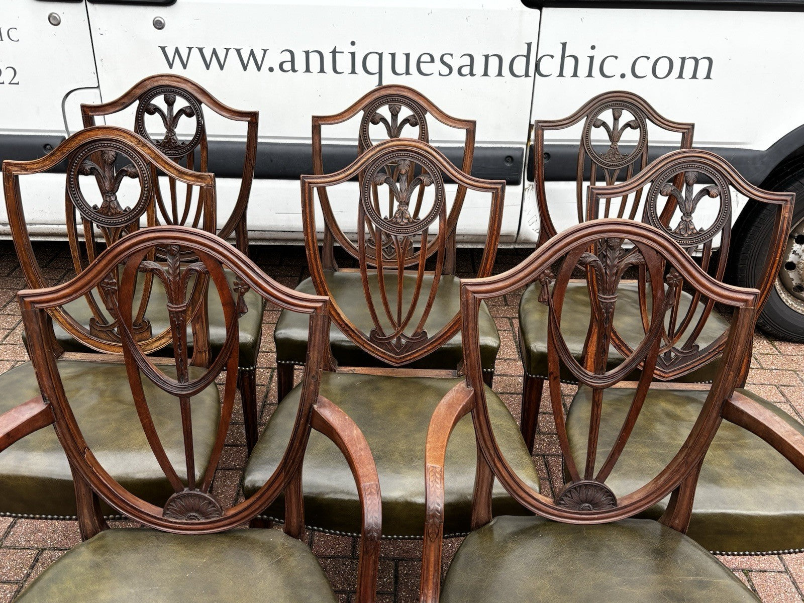 8 Hepplewhite Dining Chairs. Green Leather Upholstery. Prince Of Wales Feathers