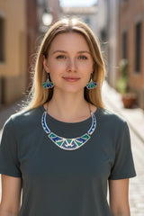 Alpaca Mexico Crushed Turquoise Blue Stone Collar Necklace And Earring Set