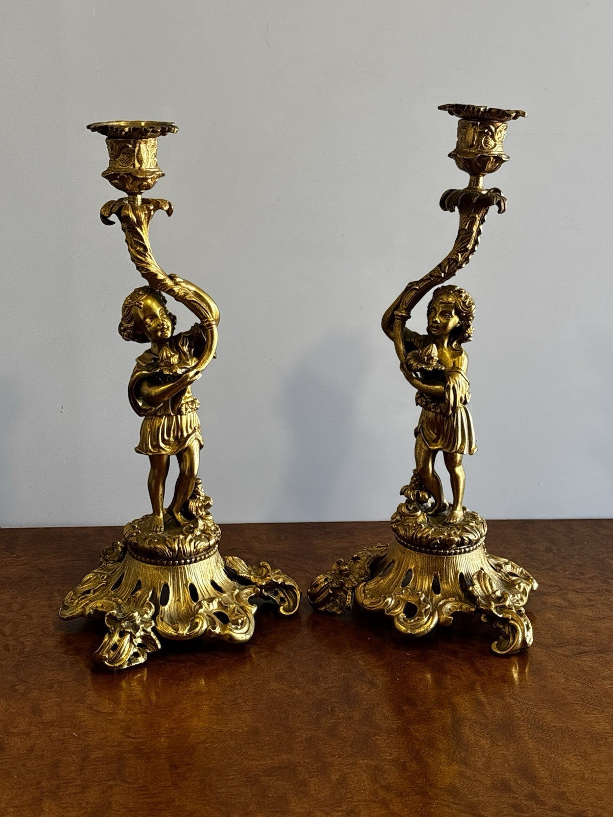 19th Century Gilt Bronze Candlesticks, Boy & Girl Figures, Very Good Quality.