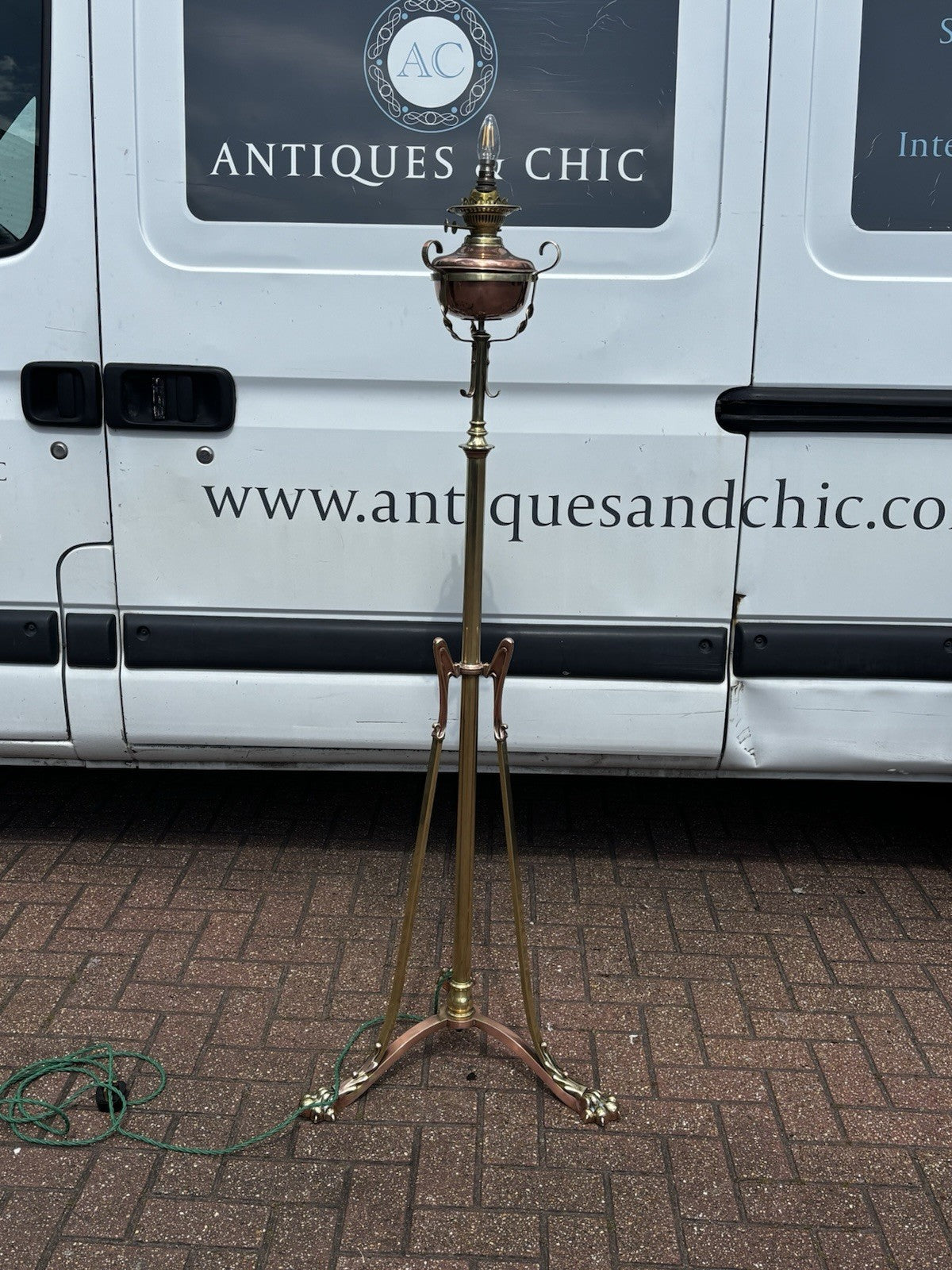 Art Noveau Brass & Copper Height Adjustable Electric Converted Oil Lamp- Superb